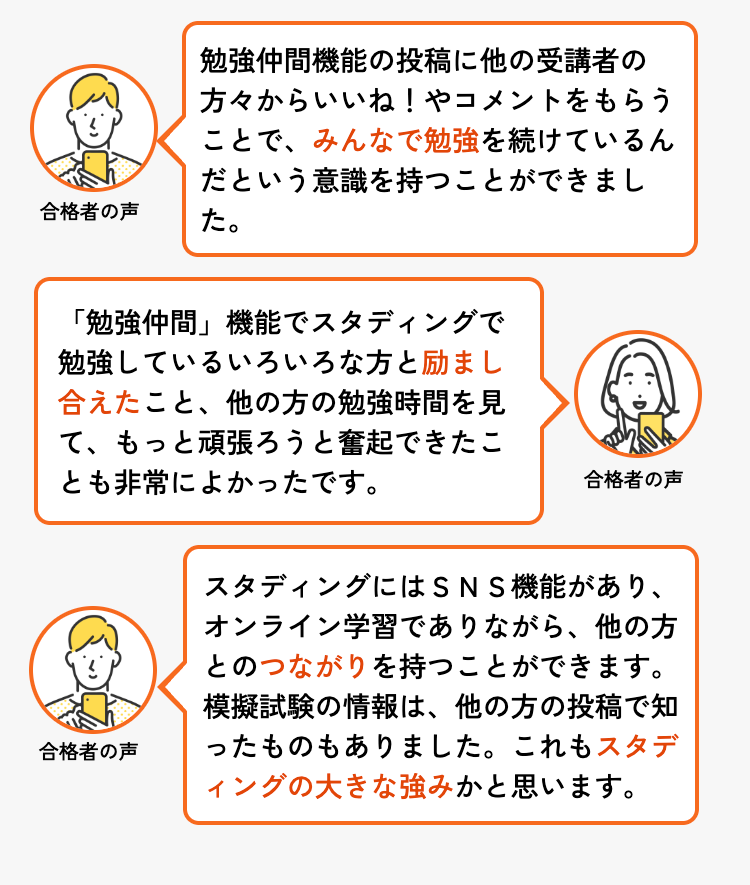 合格者の声
勉強仲間機能の投稿に他の受講者の
方々からいいね!やコメントをもらう
ことで、みんなで勉強を続けているん
だという意識を持つことができまし
た。
「勉強仲間」機能でスタディングで
勉強しているいろいろな方と励まし
合えたこと、他の方の勉強時間を見
て、もっと頑張ろうと奮起できたこ
とも非常によかったです。
合格者の声
合格者の声
スタディングにはSNS機能があり、
オンライン学習でありながら、他の方
とのつながりを持つことができます。
模擬試験の情報は、他の方の投稿で知
ったものもありました。 これもスタデ
ィングの大きな強みかと思います。