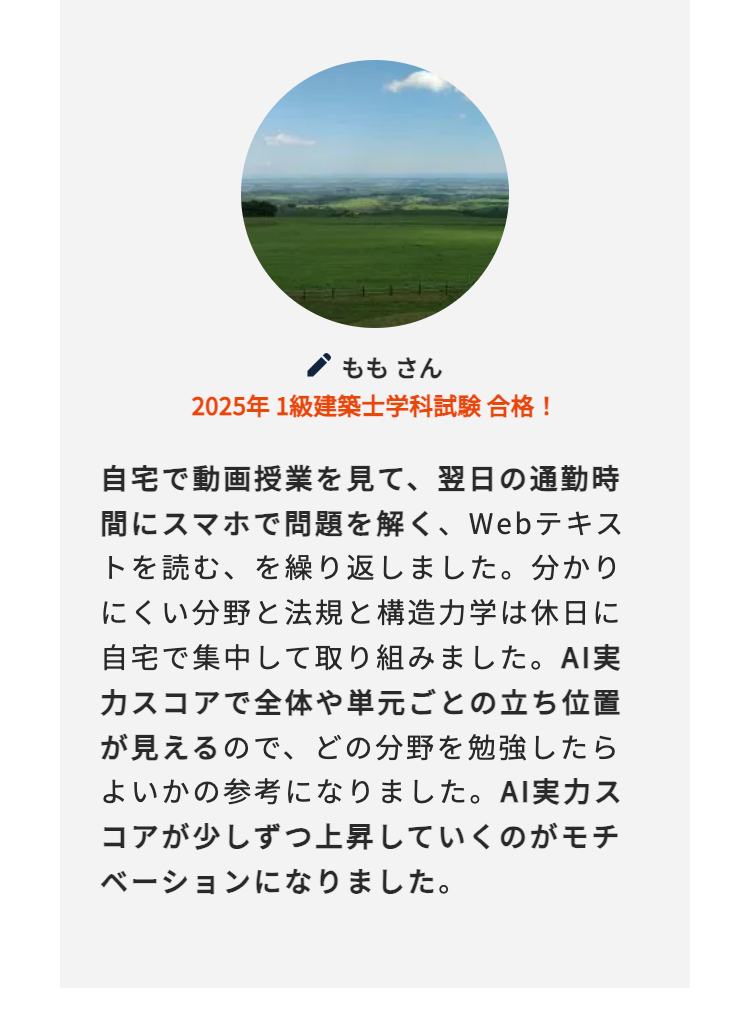 ももさん
2025年 1級建築士学科試験合格!
自宅で動画授業を見て、 翌日の通勤時
間にスマホで問題を解く、 Webテキス
トを読む、を繰り返しました。分かり
にくい分野と法規と構造力学は休日に
自宅で集中して取り組みました。AI実
カスコアで全体や単元ごとの立ち位置
が見えるので、 どの分野を勉強したら
よいかの参考になりました。 AI実力ス
コアが少しずつ上昇していくのがモチ
ベーションになりました。
