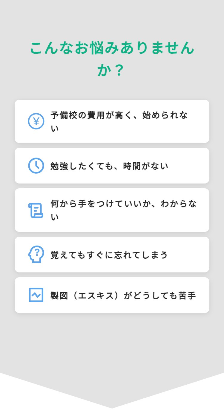 こんなお悩みありません
か?
¥
予備校の費用が高く、 始められな
い
包
勉強したくても、時間がない
何から手をつけていいか、わからな
覚えてもすぐに忘れてしまう
製図(エスキス)がどうしても苦手