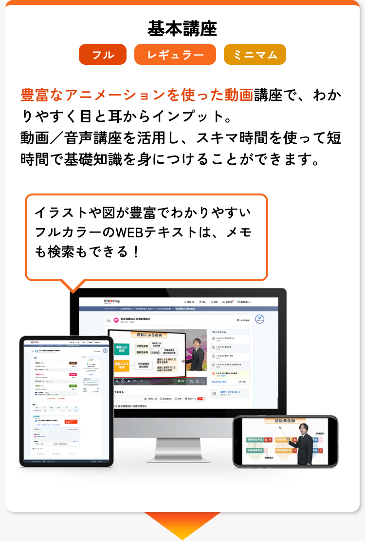 基本講座
フル
レギュラー
ミニマム
豊富なアニメーションを使った動画講座で、わか
りやすく目と耳からインプット。
動画/音声講座を活用し、 スキマ時間を使って短
時間で基礎知識を身につけることができます。
イラストや図が豊富でわかりやすい
フルカラーのWEBテキストは、メモ
も検索もできる!
STUDYING
ジャップコー
○
テキスト
2
による
レイリスト
による
xxx
@
D
加給年金額。