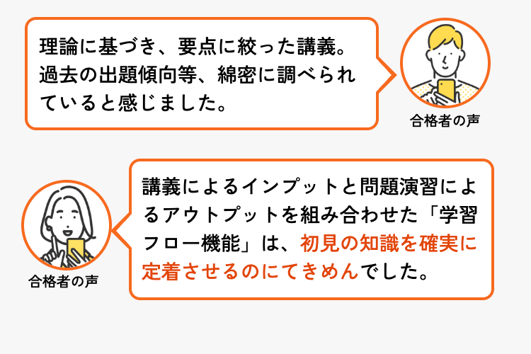 理論に基づき、要点に絞った講義。
過去の出題傾向等、 綿密に調べられ
ていると感じました。
合格者の声
合格者の声
講義によるインプットと問題演習によ
るアウトプットを組み合わせた「学習
フロー機能」は、初見の知識を確実に
定着させるのにてきめんでした。