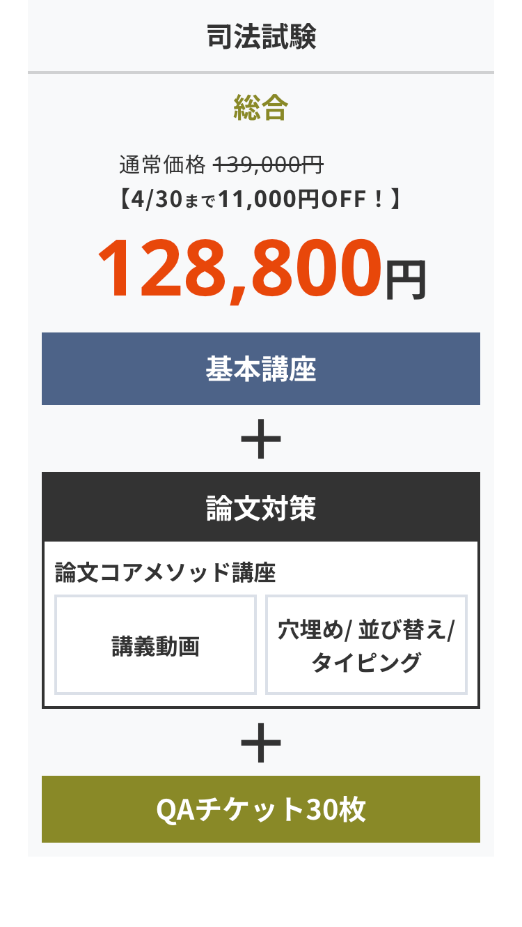 司法試験
総合
通常価格 139,000円
【4/30まで 11,000円OFF!】
128,800円
基本講座
+
論文対策
論文コアメソッド講座
穴埋め / 並び替え /
講義動画
タイピング
+
QAチケット30枚