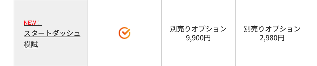 NEW!
スタートダッシュ
模試
別売りオプション
9,900円
別売りオプション
2,980円