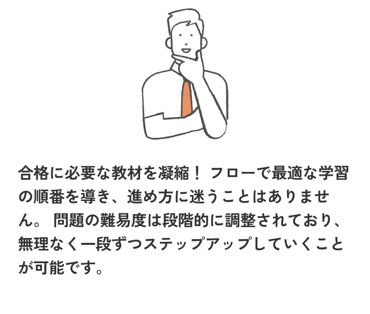 合格に必要な教材を凝縮! フローで最適な学習
の順番を導き、 進め方に迷うことはありませ
ん。問題の難易度は段階的に調整されており、
無理なく一段ずつステップアップしていくこと
が可能です。