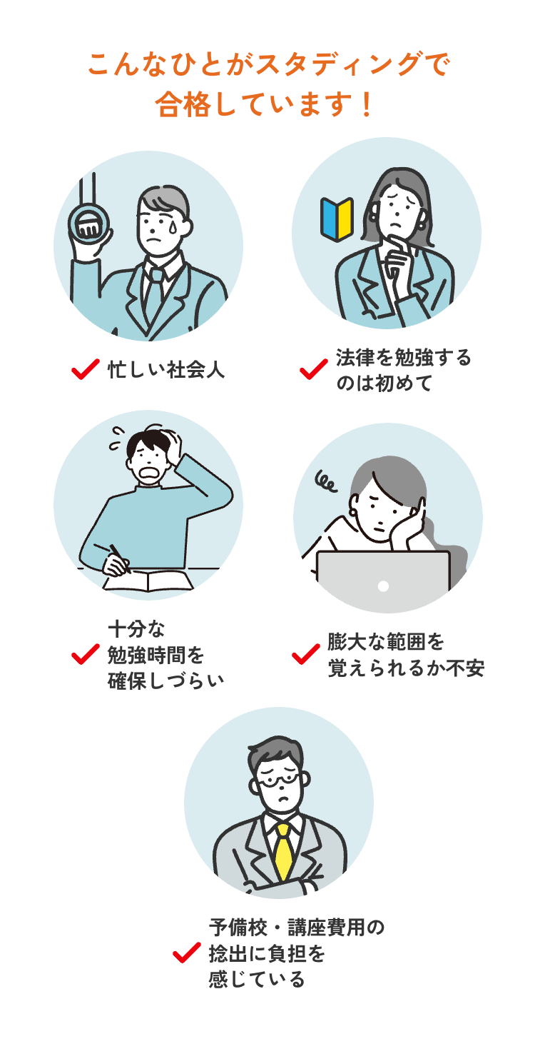 こんなひとがスタディングで
合格しています!
m
法律を勉強する
忙しい社会人
のは初めて
十分な
勉強時間を
膨大な範囲を
覚えられるか不安
確保しづらい
予備校・講座費用の
捻出に負担を
感じている